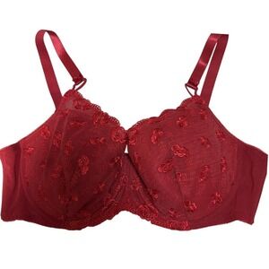 Delta Burke Women Bra 40DD Red Poly Blend Floral Lace Underwired Sheer Fit Bra